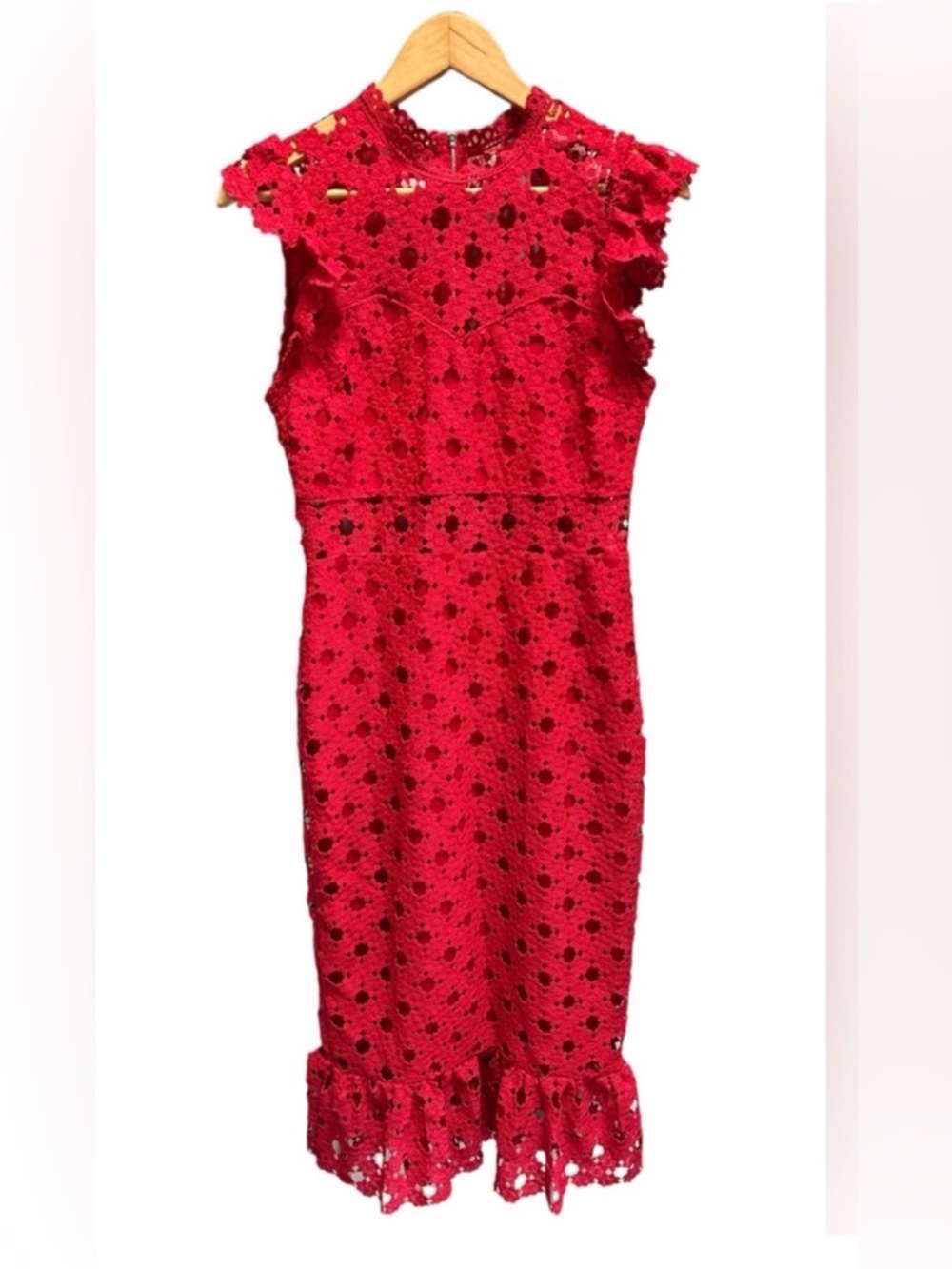 Chelsea Red Lace Elegant Floral Mock Neck, Raffle Hem Midi Dress Size M